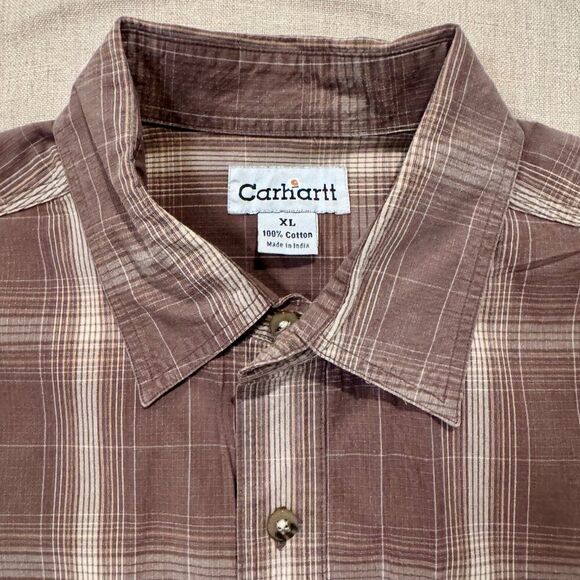 Carhartt Men’s XL Plaid Button-Up Shirt 100% Cotton Dark Brown Check Workwear - Picture 2 of 5